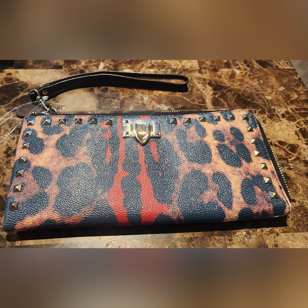 Leopard Print Vegan Leather Clutch Wristlet